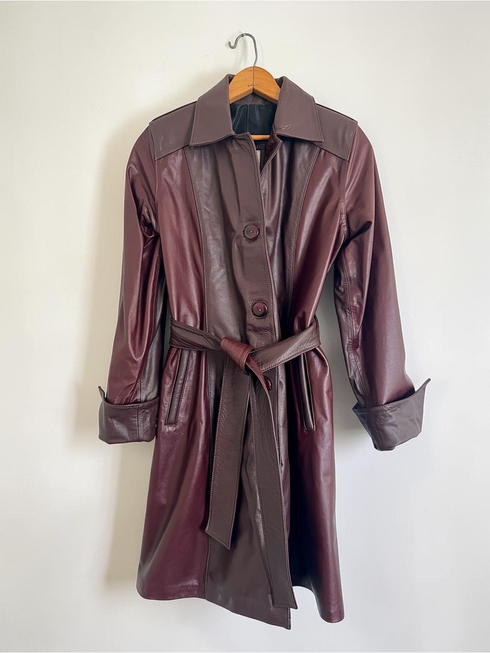 Burgundy Dark Plum Two Tone Leather Coat Belted